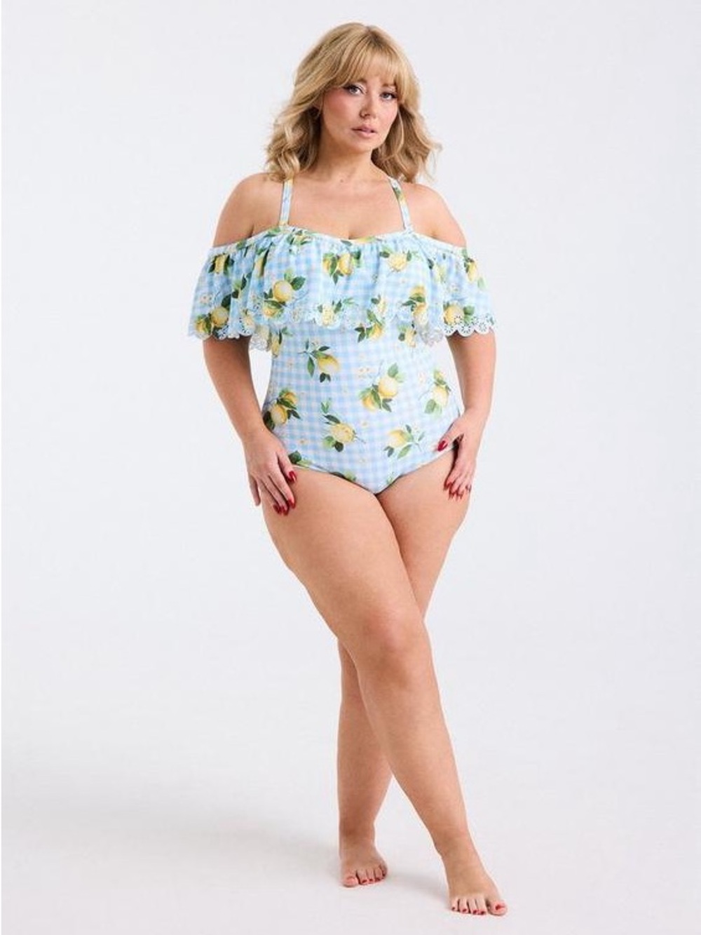 Torrid Blue Gingham Lemon Off-Shoulder One-Piece Swimsuit Size 0X (L)